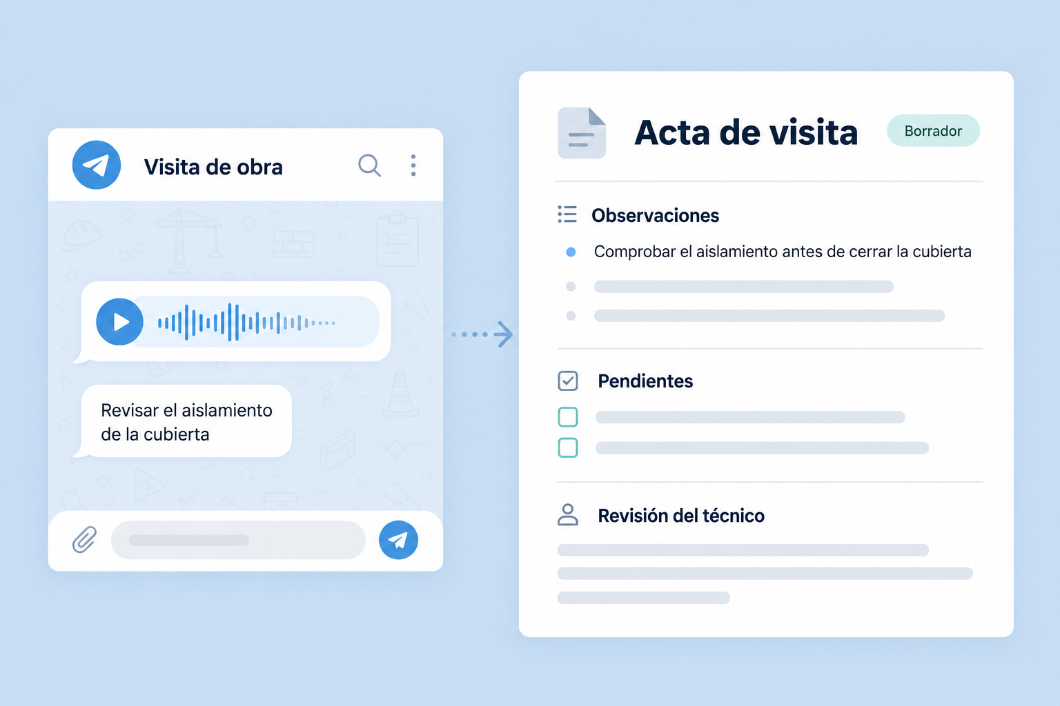 Vista ilustrativa de una nota de voz que se transforma en un borrador de acta.