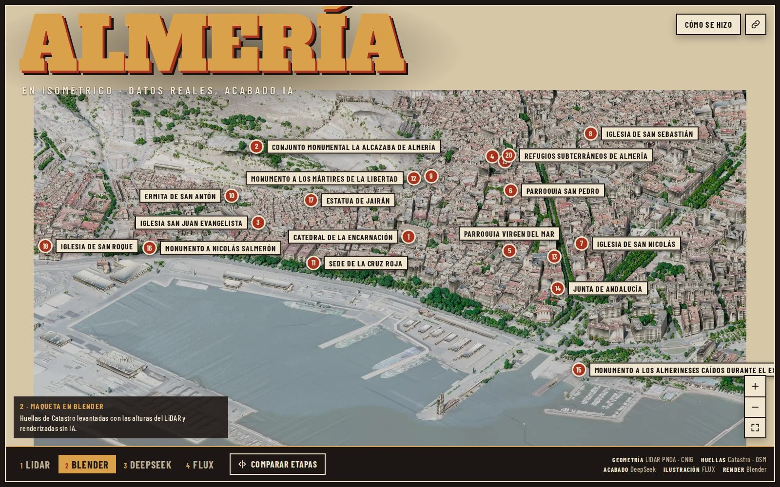 Isometric view of Almería rebuilt from LiDAR and Cadastre, with the monuments labelled and the pipeline stage selector along the bottom.