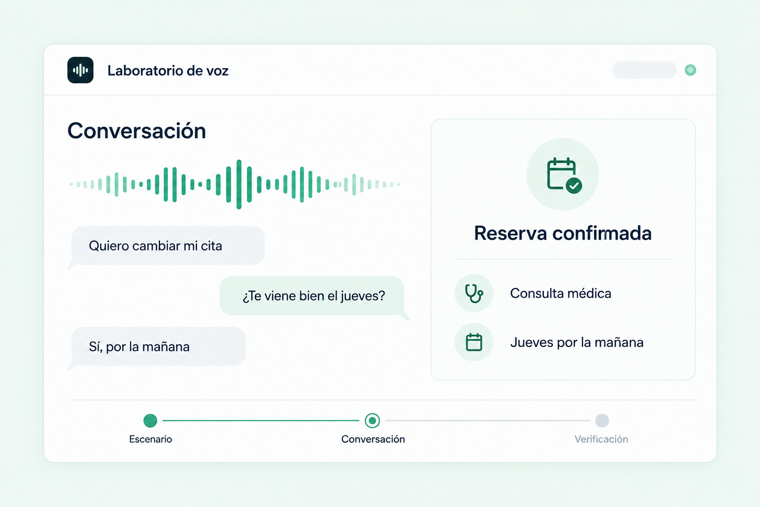 Vista ilustrativa del agente de voz y la confirmación de una cita.